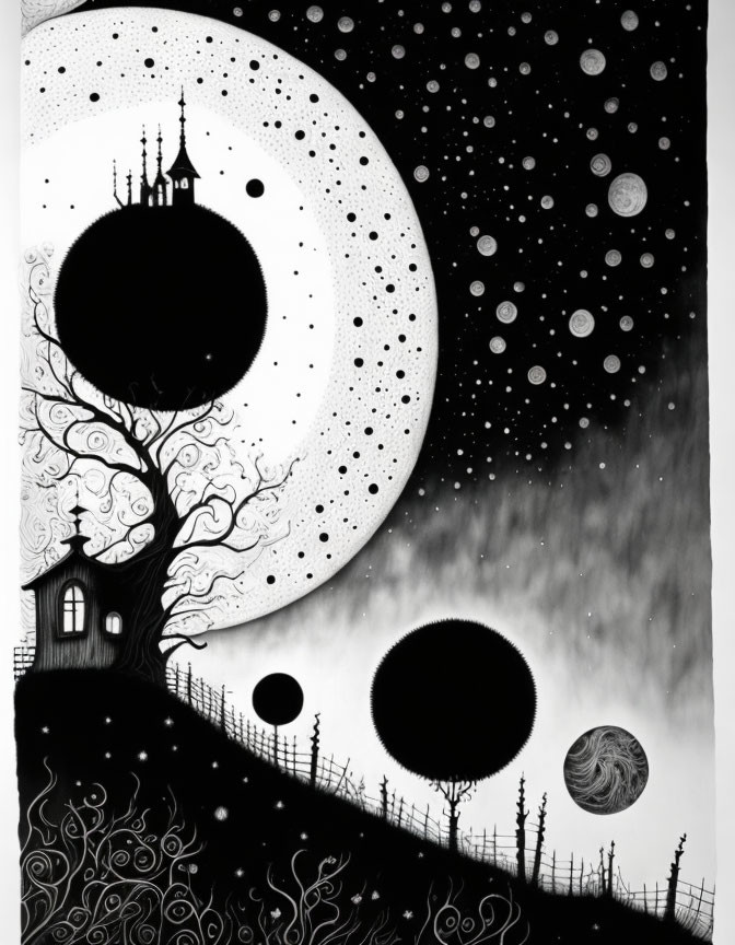 Monochrome artistic illustration of whimsical night scene