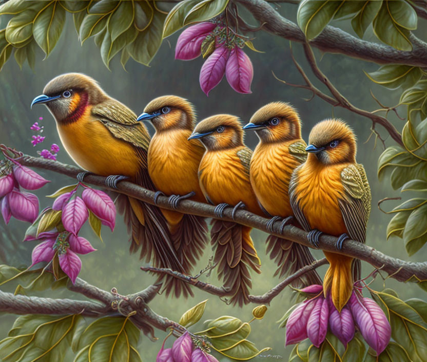 Vibrant birds on branch with green leaves and purple flowers in forest