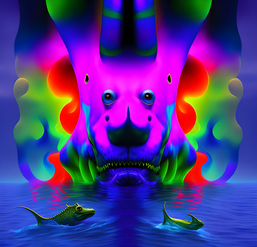 Symmetrical neon-colored fantasy creature with fish in purple-toned digital art