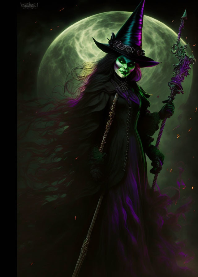 Green-faced witch in black robe with staff under full moon