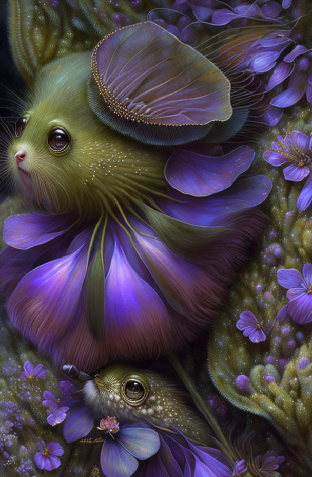 Fantastical creatures illustration: Rabbit-bird blend in violet plumage among floral surroundings