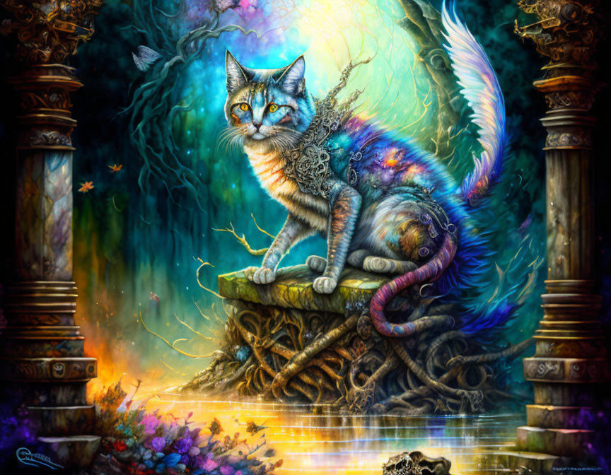 Colorful mystical cat with feather-like fur by glowing portal and ornate pillars