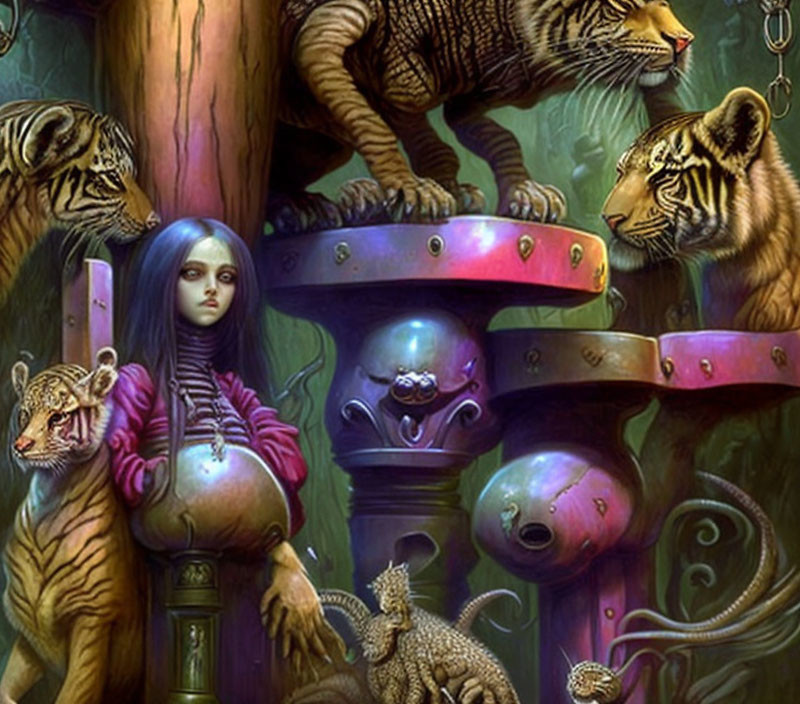 Solemn girl with tigers, pillars, and serpentine creatures in lush fantasy scene