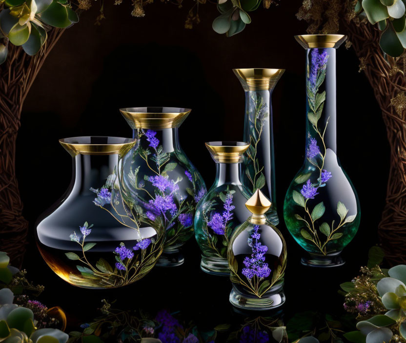 Gold-Accented Glass Vases with Purple Florals on Dark Background