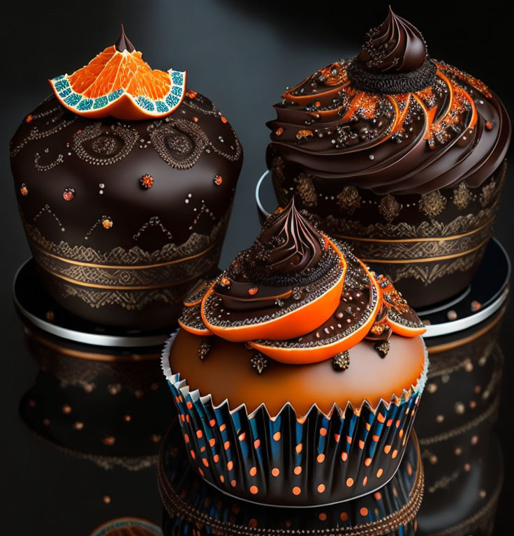 Ornate Chocolate Cupcakes with Swirls and Bead-like Icing