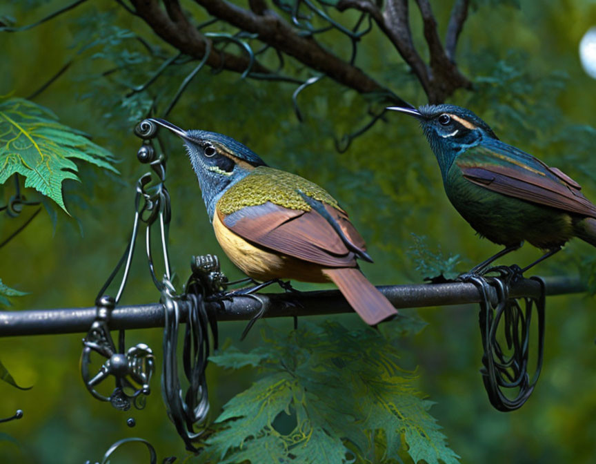 Colorful Birds with Blue Heads and Brown Wings on Metal Rod Among Green Leaves