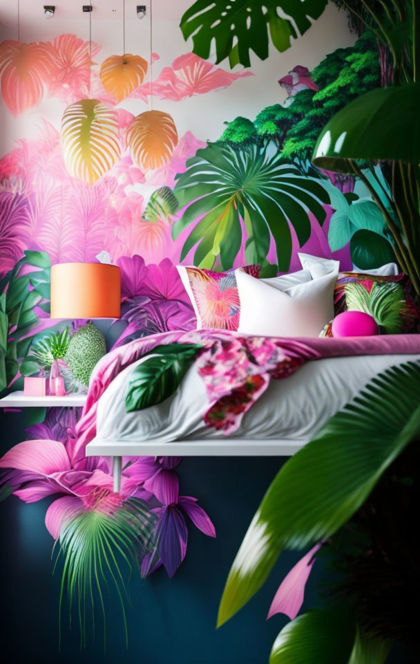 Colorful Tropical-Themed Bedroom with Botanical Wallpaper