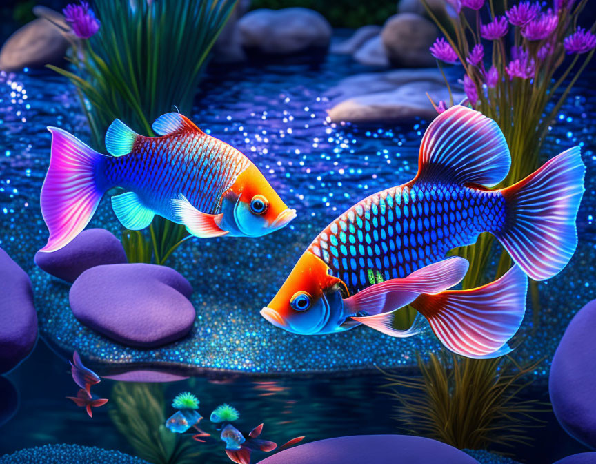 Neon fish digital art in mystical underwater scene