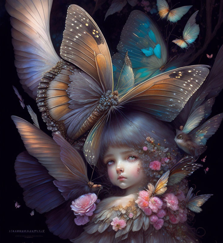 Portrait of a girl with oversized delicate butterflies on dark floral backdrop