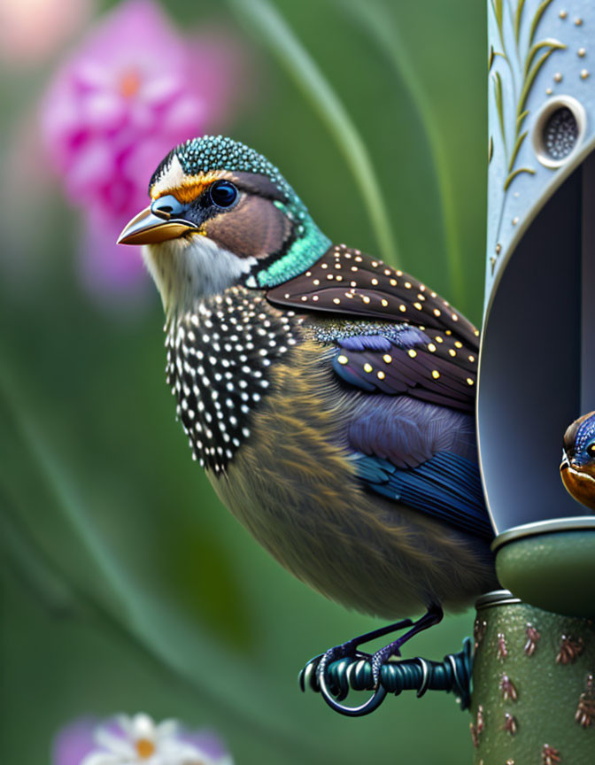 Colorful bird perched near metal structure with pink flowers