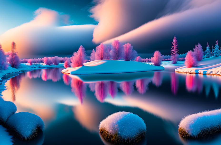 Vivid pink and blue winter landscape with snow-covered trees by calm river