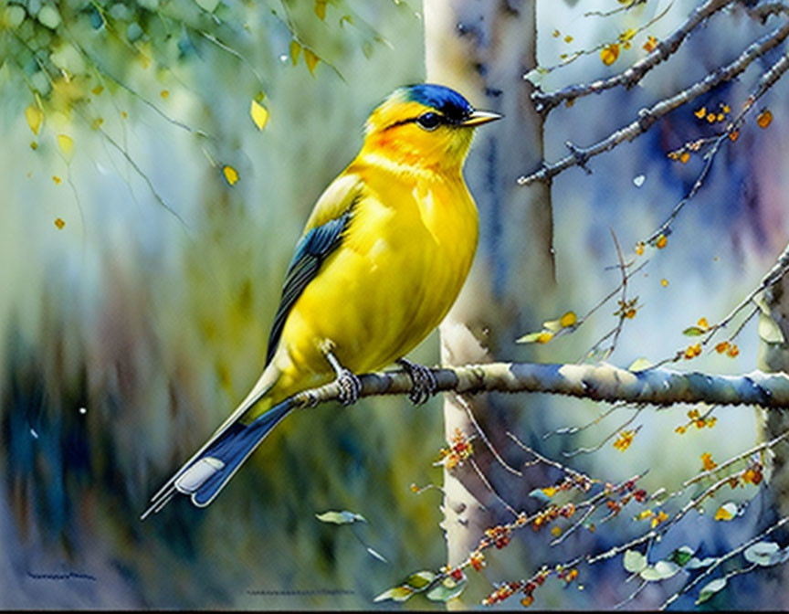 Colorful Bird Perched on Branch with Green Foliage and Berries