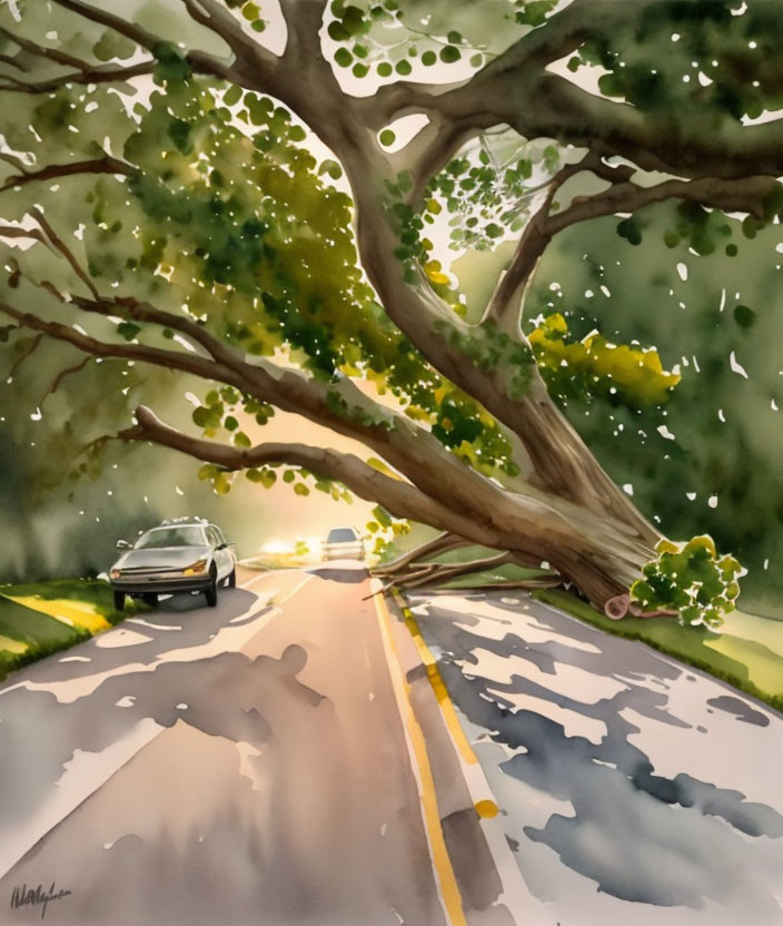 Watercolor painting: Fallen tree on wet road with vehicles and sunlight.