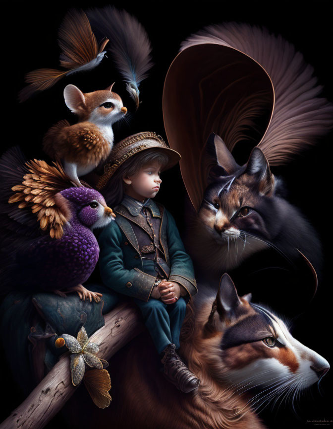 Child in vintage attire surrounded by realistic animals in fantasy setting