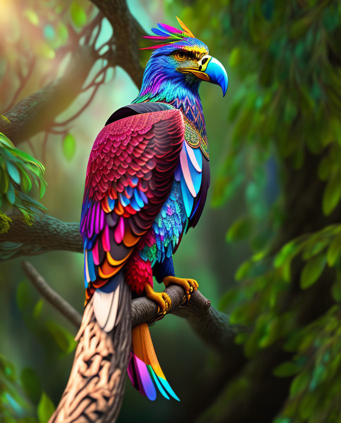 Colorful Bird Hybrid: Eagle and Parrot with Blue, Red, and Green Plumage