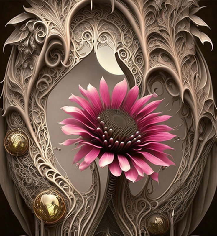 Symmetrical digital art: Pink flower in ornate design on cream background