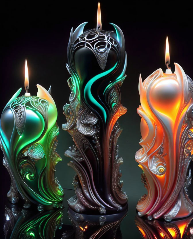 Three ornate candles with intricate designs and vibrant colors on glossy surface, two lit.