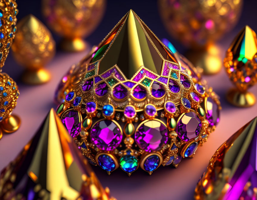 Ornate Golden Jeweled Crown with Colorful Gemstones on Purple Surface