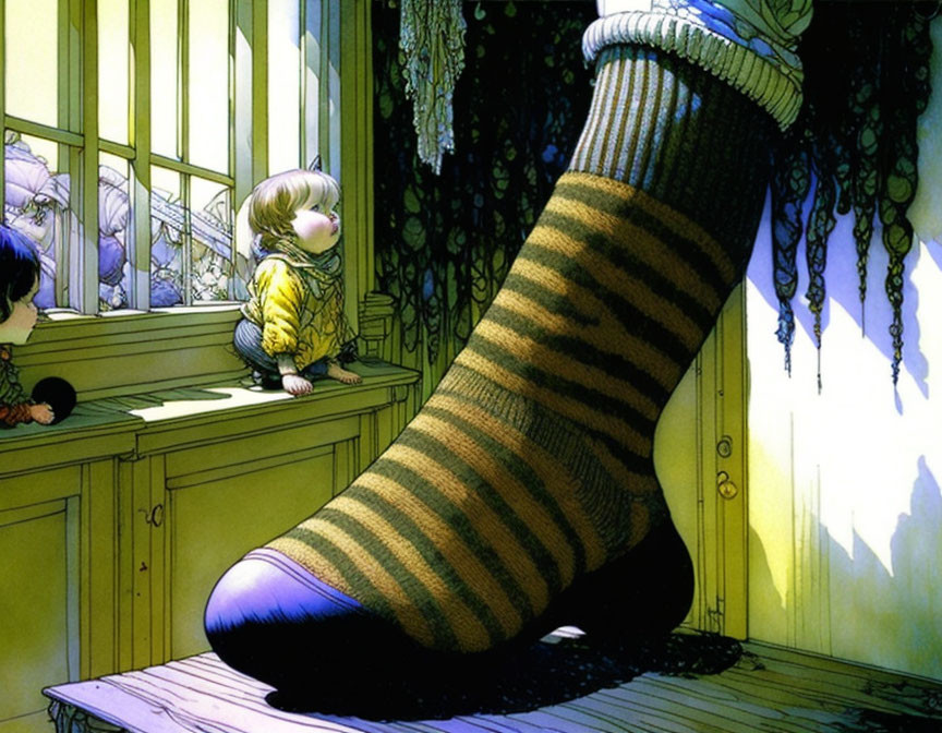 Child in whimsical room with giant striped sock and tiny beings in drawer