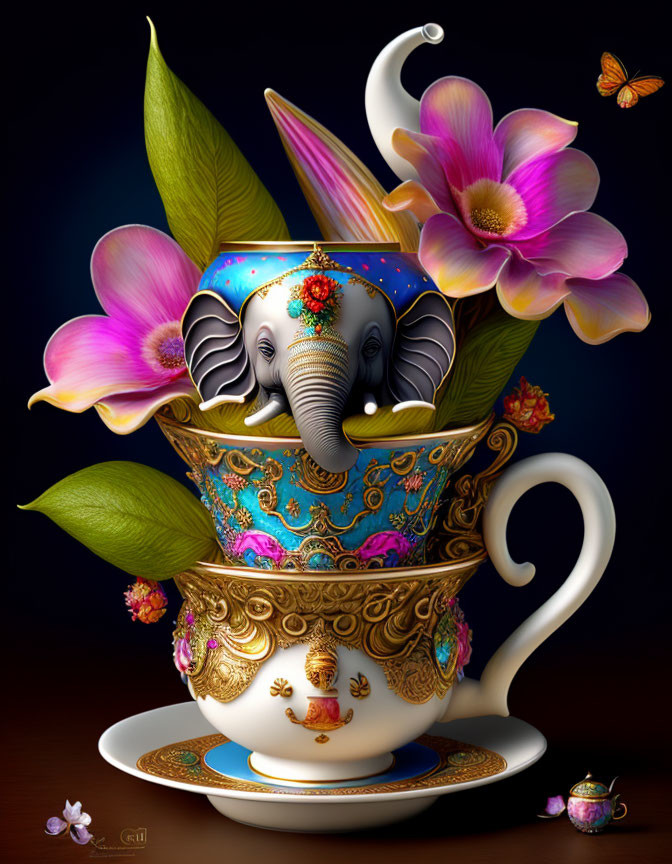 Elephant head teacup with floral and butterfly motifs on dark background