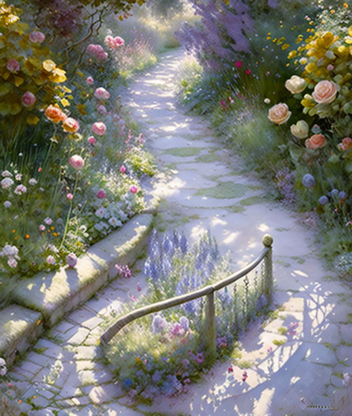 Tranquil garden path with blooming flowers and lush greenery