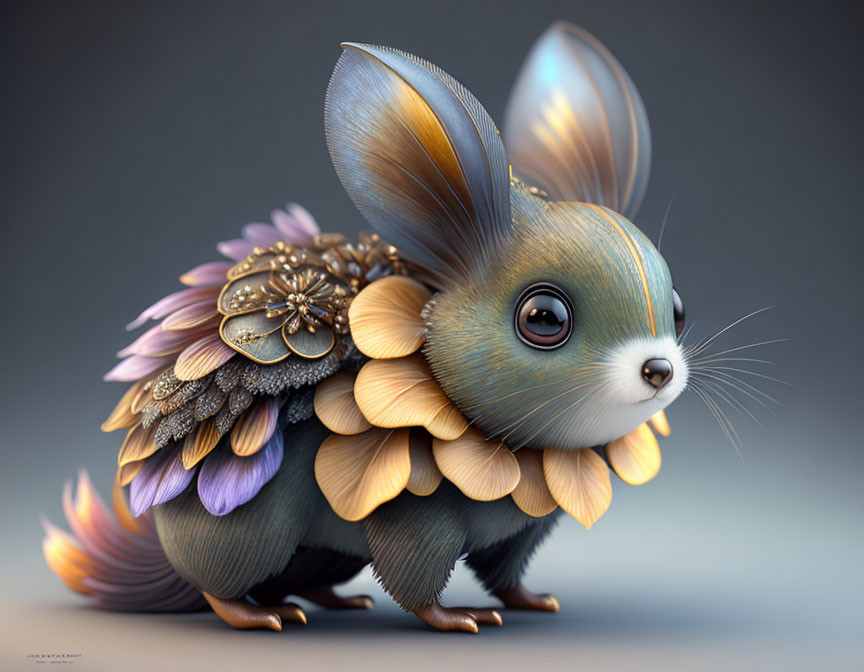 Illustration of whimsical bunny-armadillo creature with flower petal shell