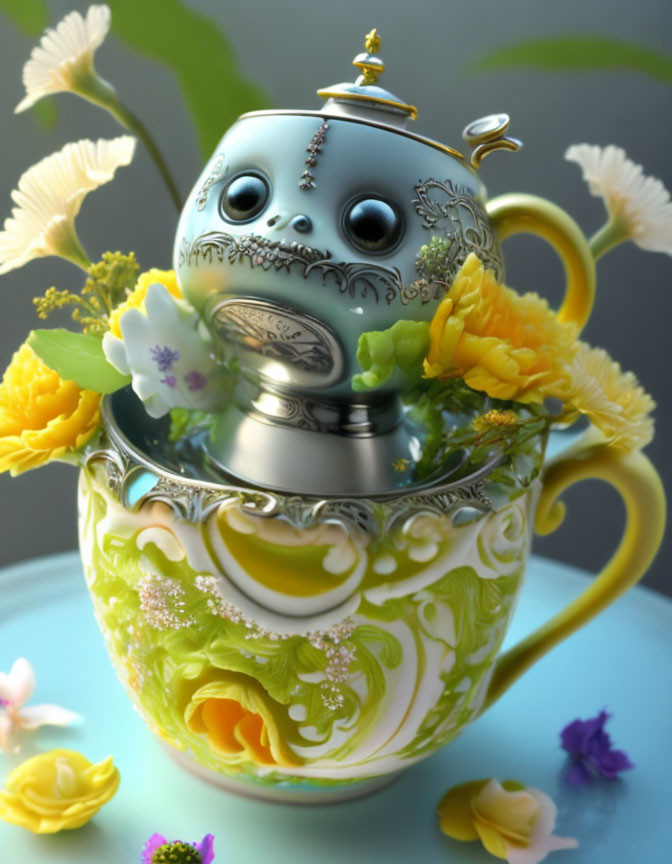 Whimsical robot-faced teapot on cup with green and yellow patterns surrounded by flowers