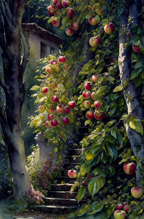 Ripe red apples in idyllic orchard with stone pathway