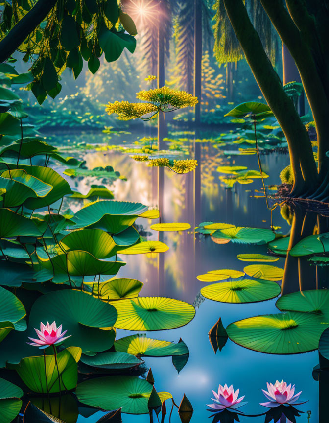 Tranquil pond with lotus flowers and lily pads under sunlight