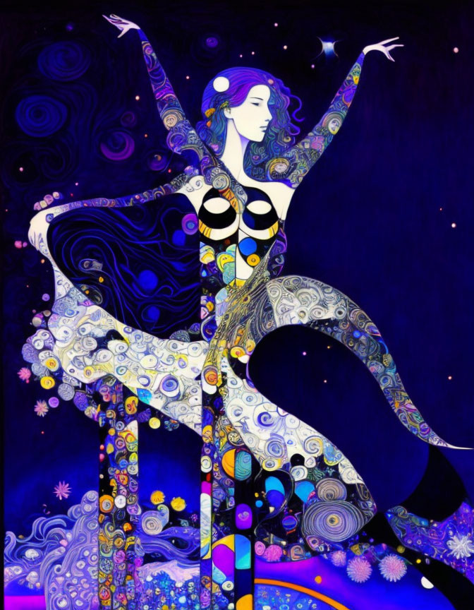 Colorful artwork of female figure dancing in cosmic setting