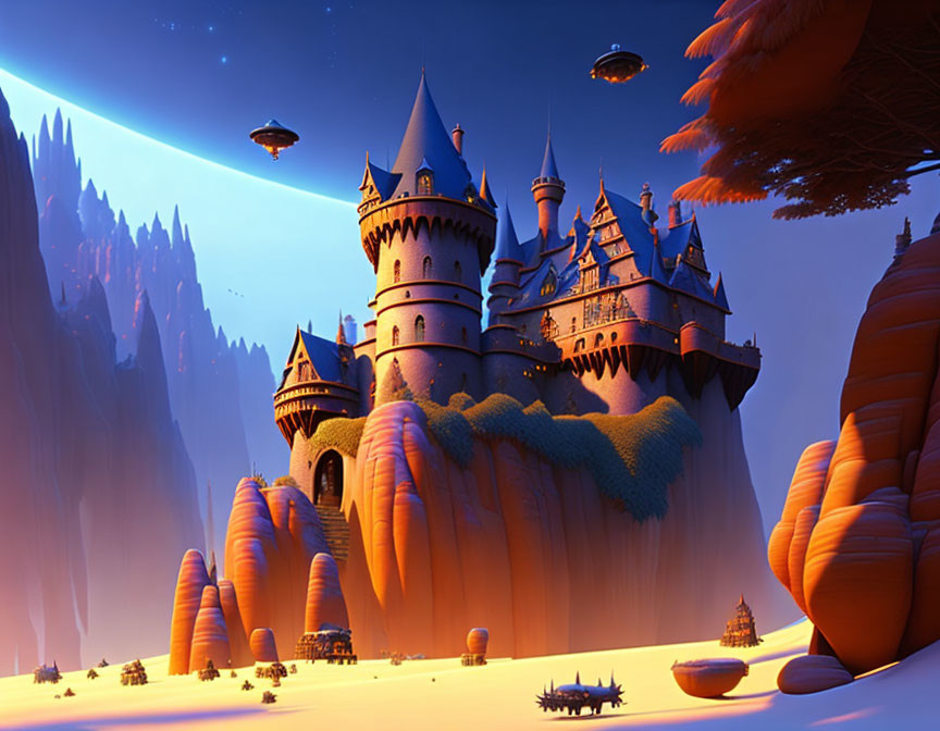 Fantasy castle digital illustration with sunset backdrop and flying saucers