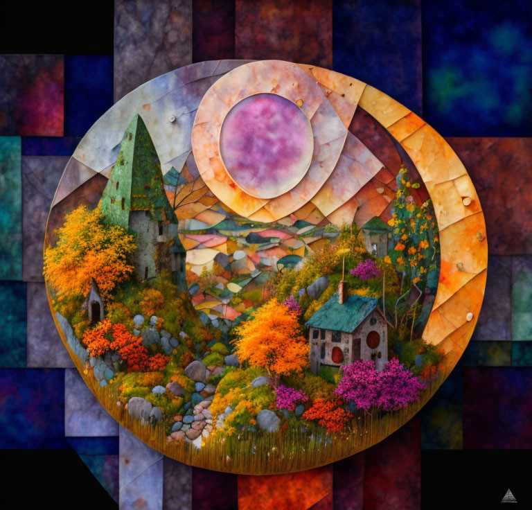 Colorful circular artwork featuring whimsical landscape and crescent moon.