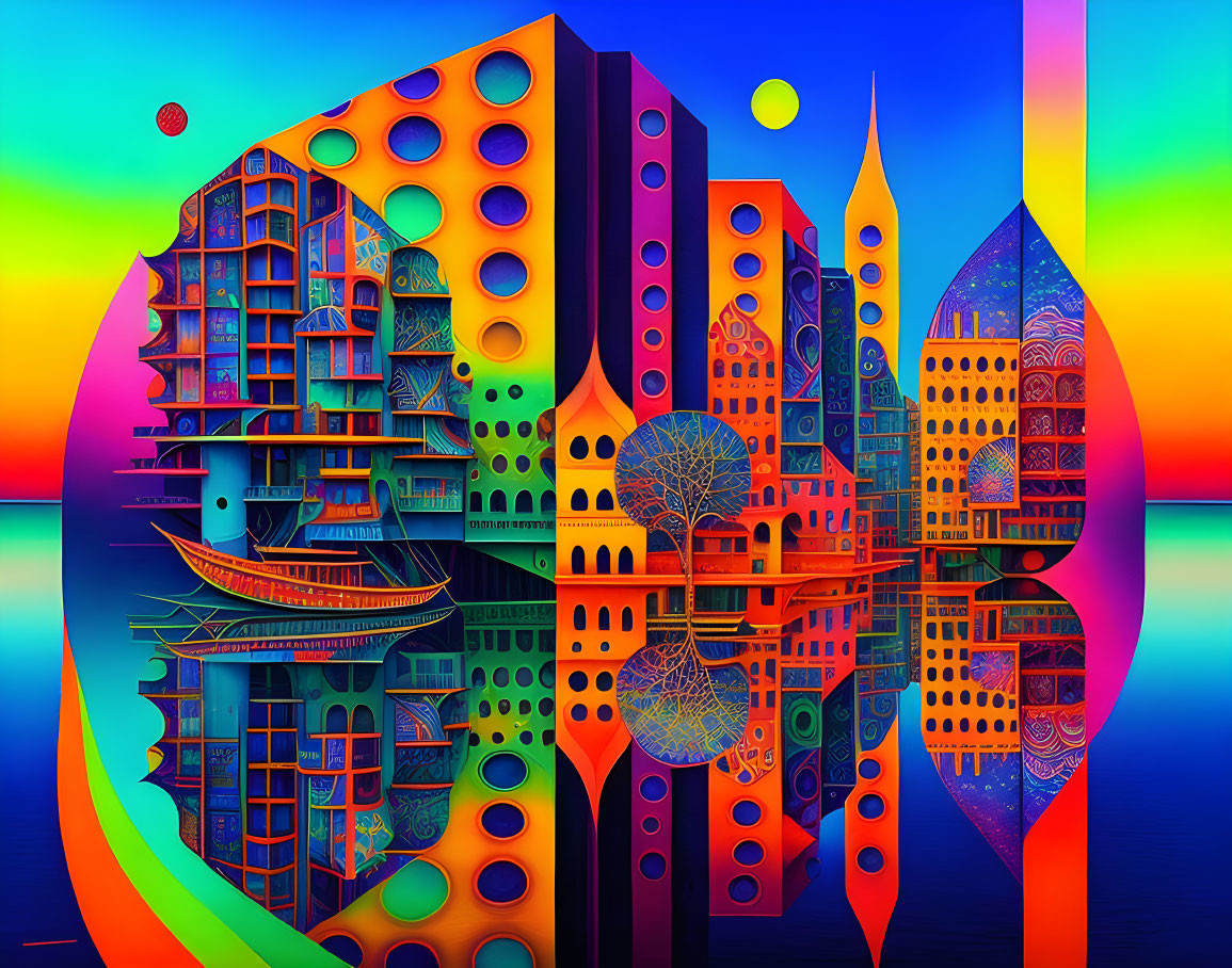 Colorful Cityscape with Reflective Water & Traditional Boat