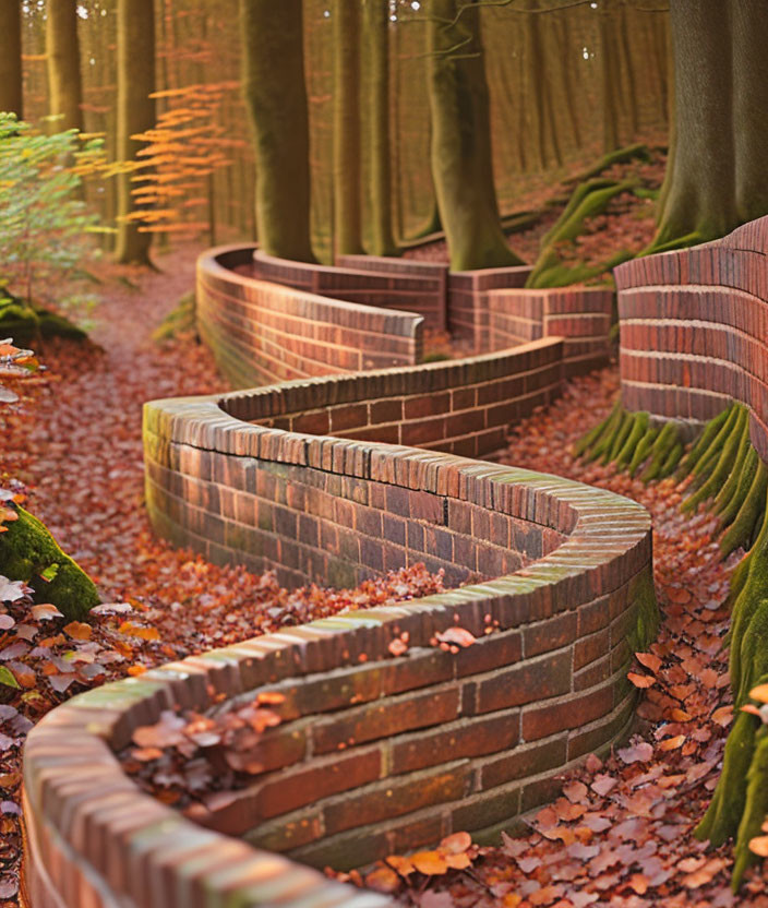 Brick wall winding through serene forest with sunlight filtering.