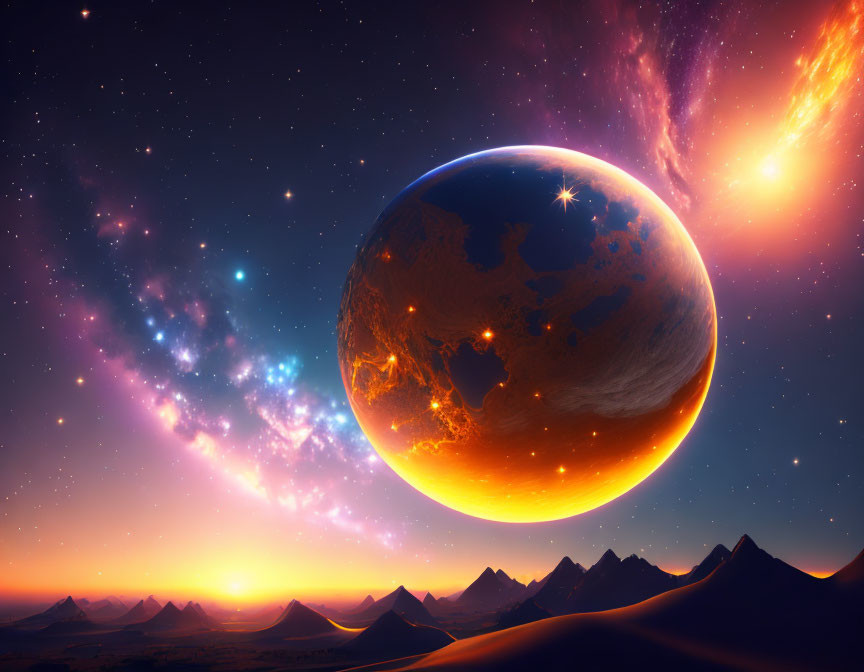 Vibrant planet over mountain landscape with starry sky