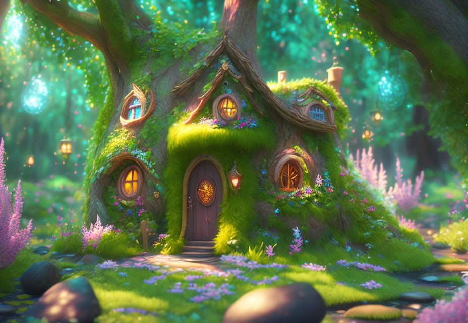 Woodland cottage with mossy roof and glowing orbs in lush landscape