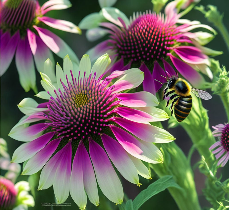 Bumblebee near vibrant purple and green coneflowers