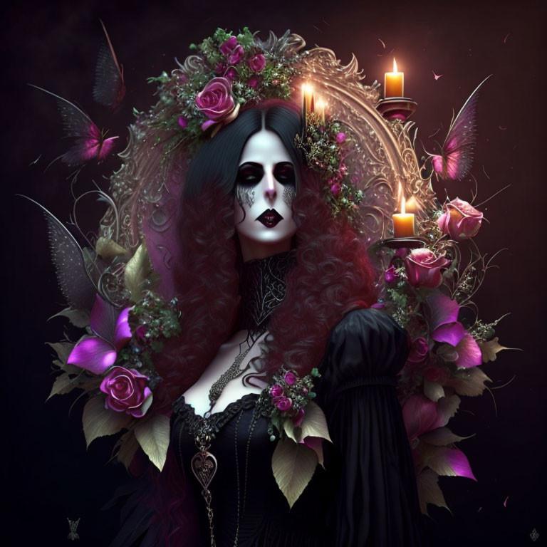 Dark Makeup Gothic Woman in Floral Wreath with Candles