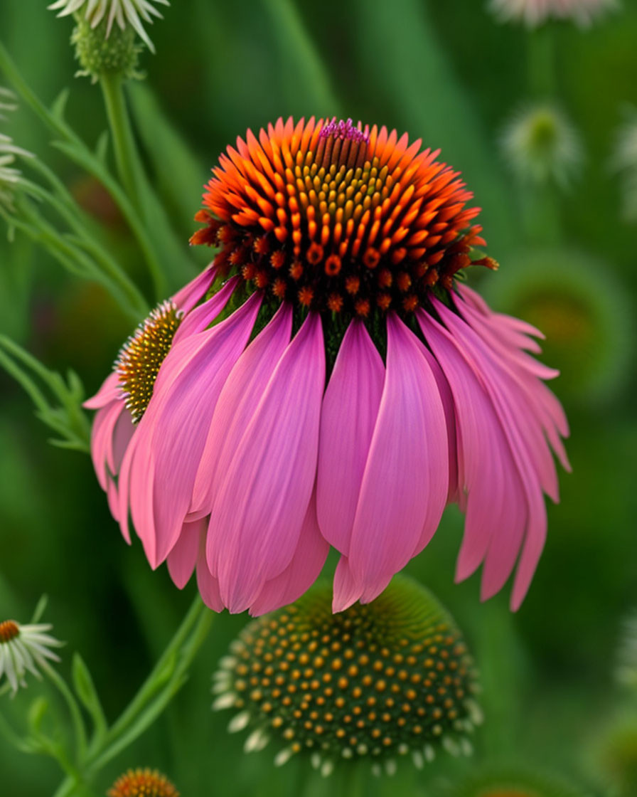 Vibrant purple coneflower with drooping petals and spiky orange center in green foliage