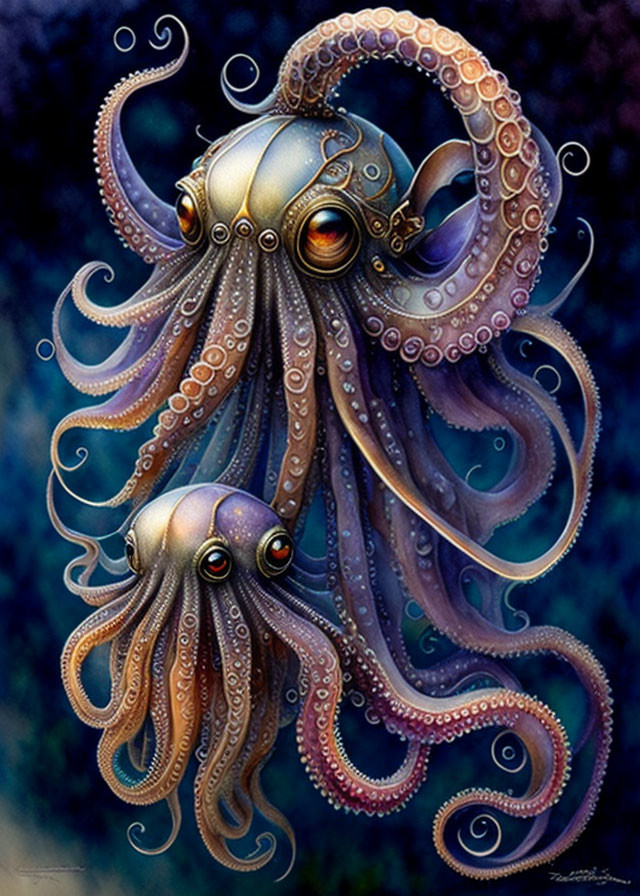 Ornate metallic octopuses with expressive eyes on deep blue backdrop