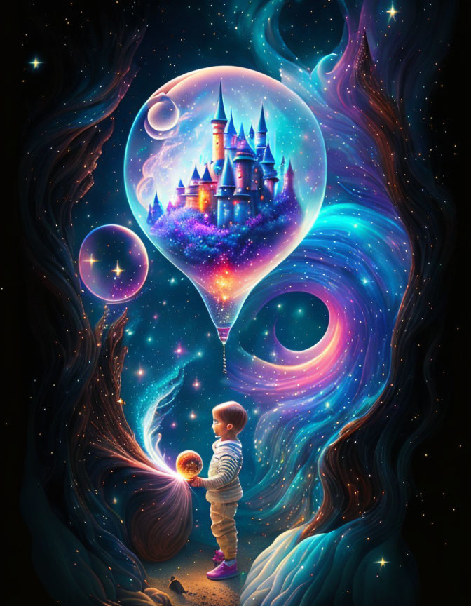 Child holding light orb in surreal cosmic scene with castle on heart-shaped aurora