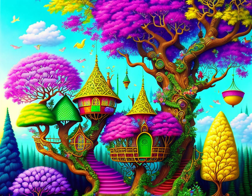 Colorful fantasy artwork: Whimsical treehouses and magical trees under blue sky