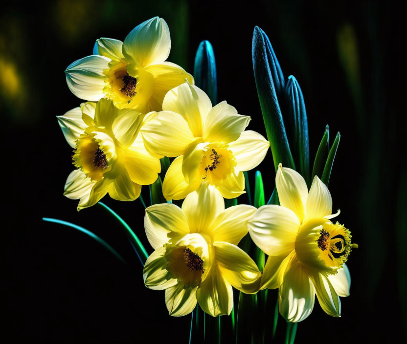 Vibrant yellow daffodils with dark centers on dark background in sunlight.