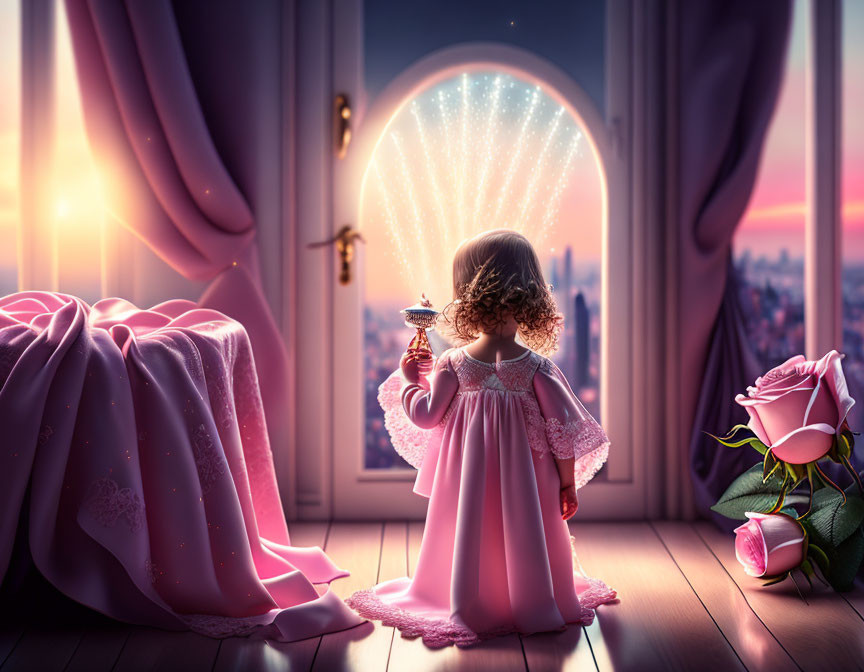 Young girl in pink dress with ice cream cone by round window overlooking sunset cityscape.