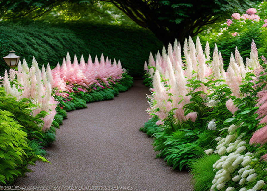 Tranquil Garden Path with Astilbe Flowers and Tree Canopy