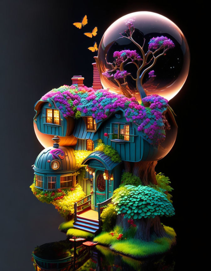 Fantastical treehouse art: vibrant flowers, glowing tree, floating butterflies