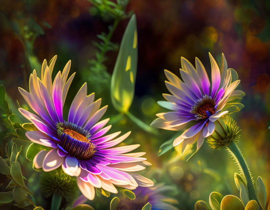 Vibrant Purple and White Daisies on Warm Autumn Background