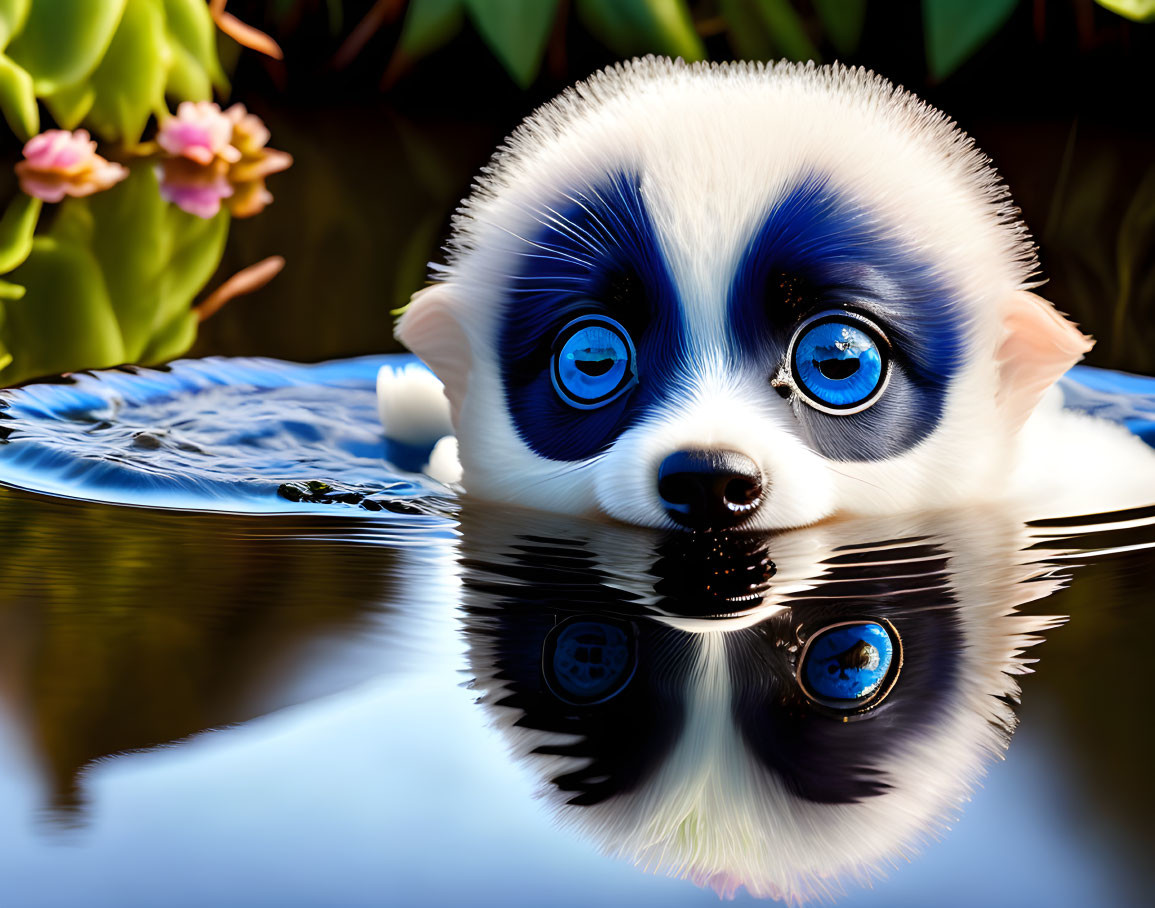 Stylized panda digital art: Reflective blue eyes, white fur, submerged in water