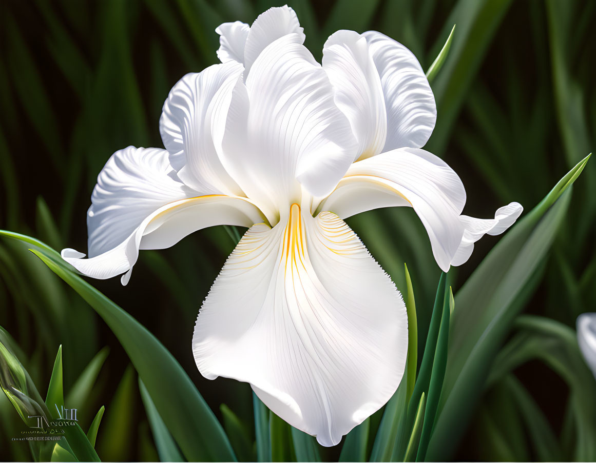 Pristine white iris with golden yellow center and dark green leaves