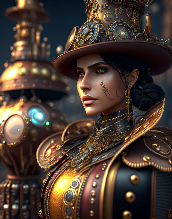 Detailed 3D Steampunk Woman Illustration with Top Hat & Mechanical Background